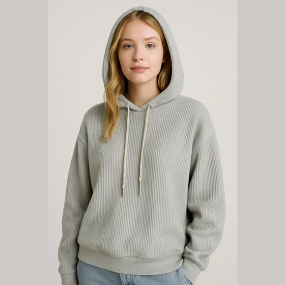 Aerie Gray Ribbed Pullover Hoodie Large - Picture 1 of 8